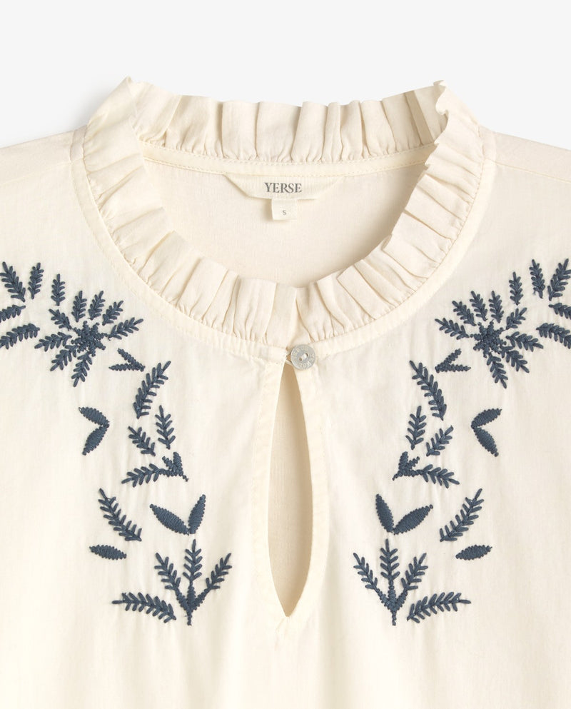 Cream Blouse with Teal Embroidery