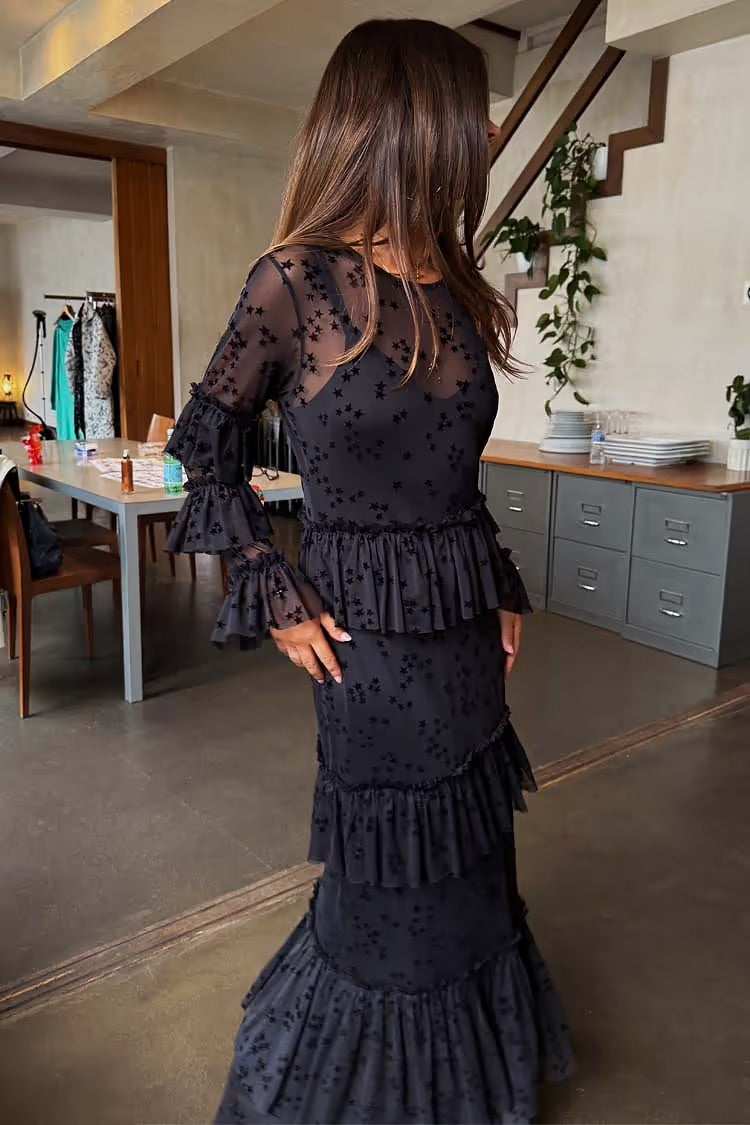 Long in black Mesh tiered ruffle dress