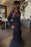 Long in black Mesh tiered ruffle dress