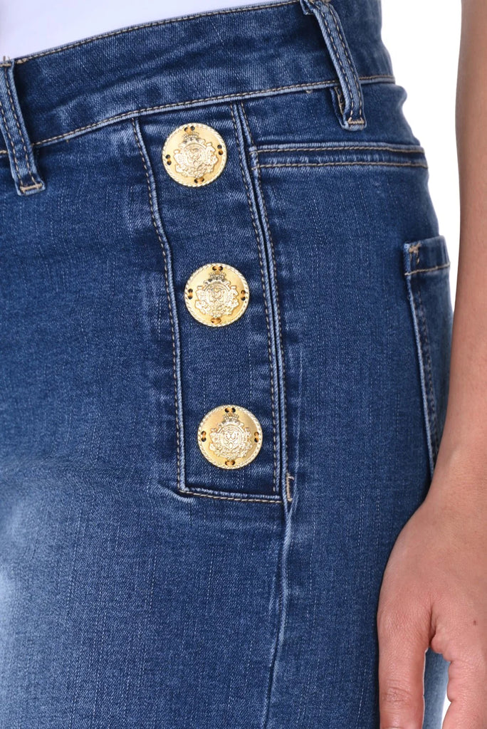 Cropped Denim Jeans with Gold Buttons