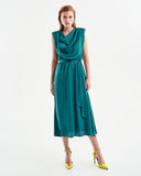 Draped satin dress with belt in green
