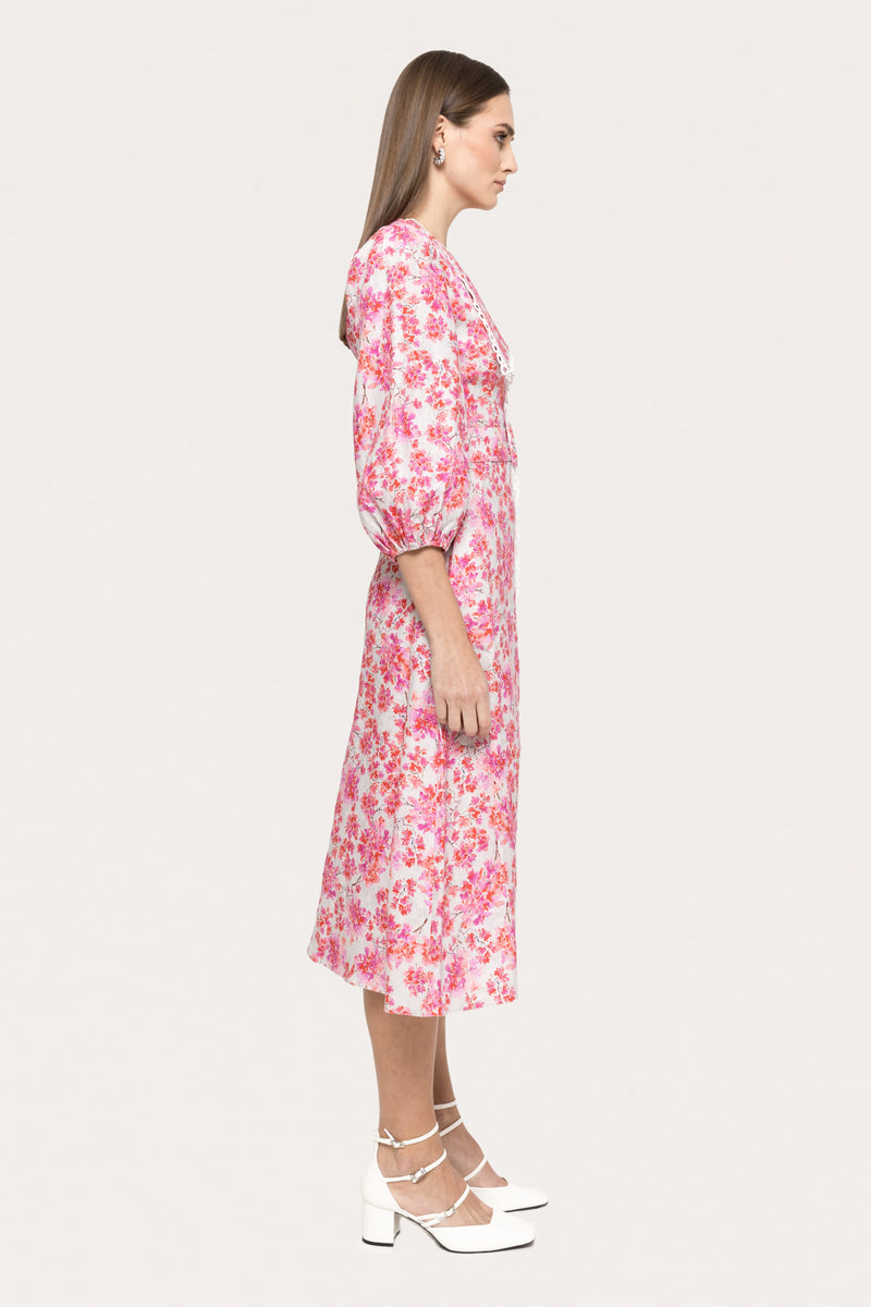 Lace- detail Linen Midi Dress