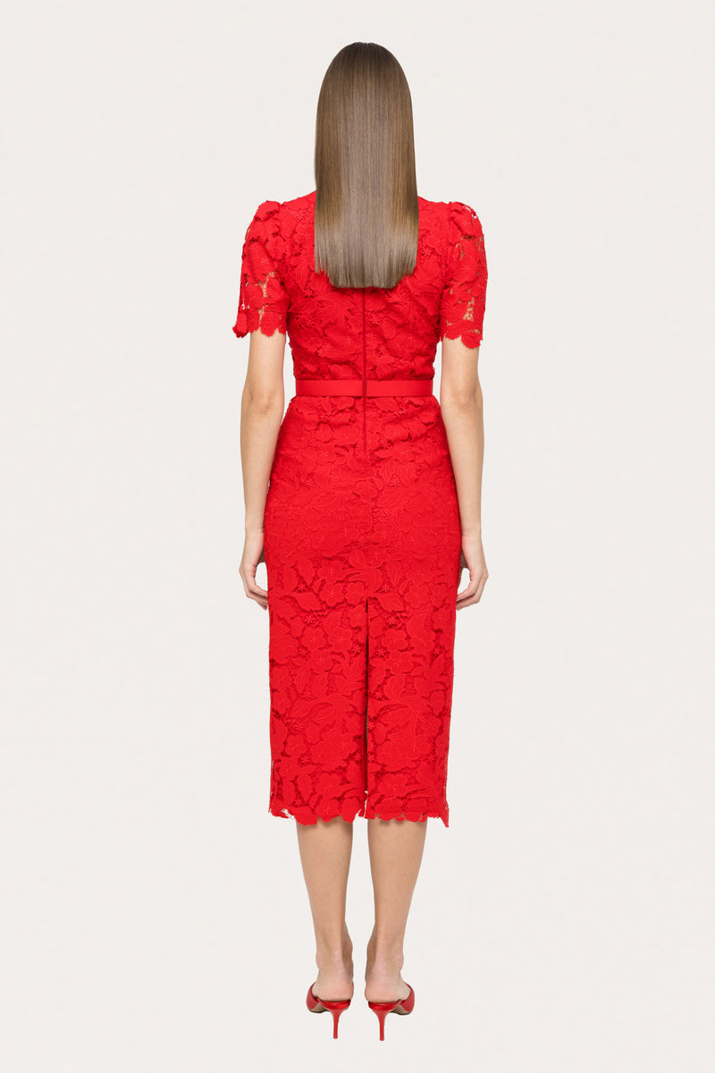 Red Lace Bodycon Midi Dress