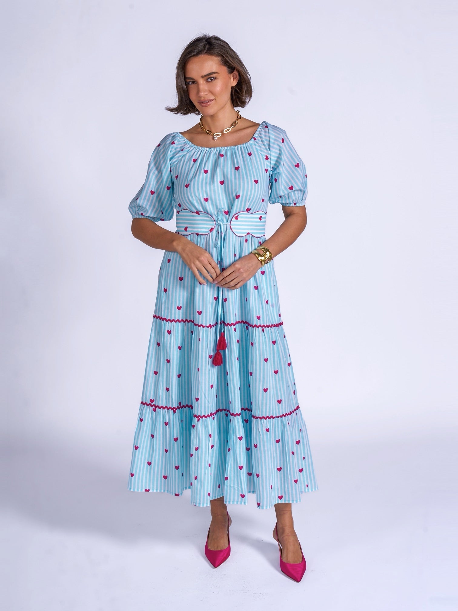Michelle dress in blue stripe with pink hearts