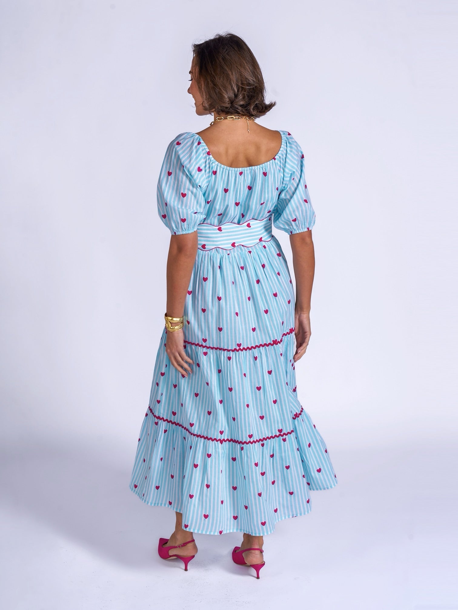 Michelle dress in blue stripe with pink hearts