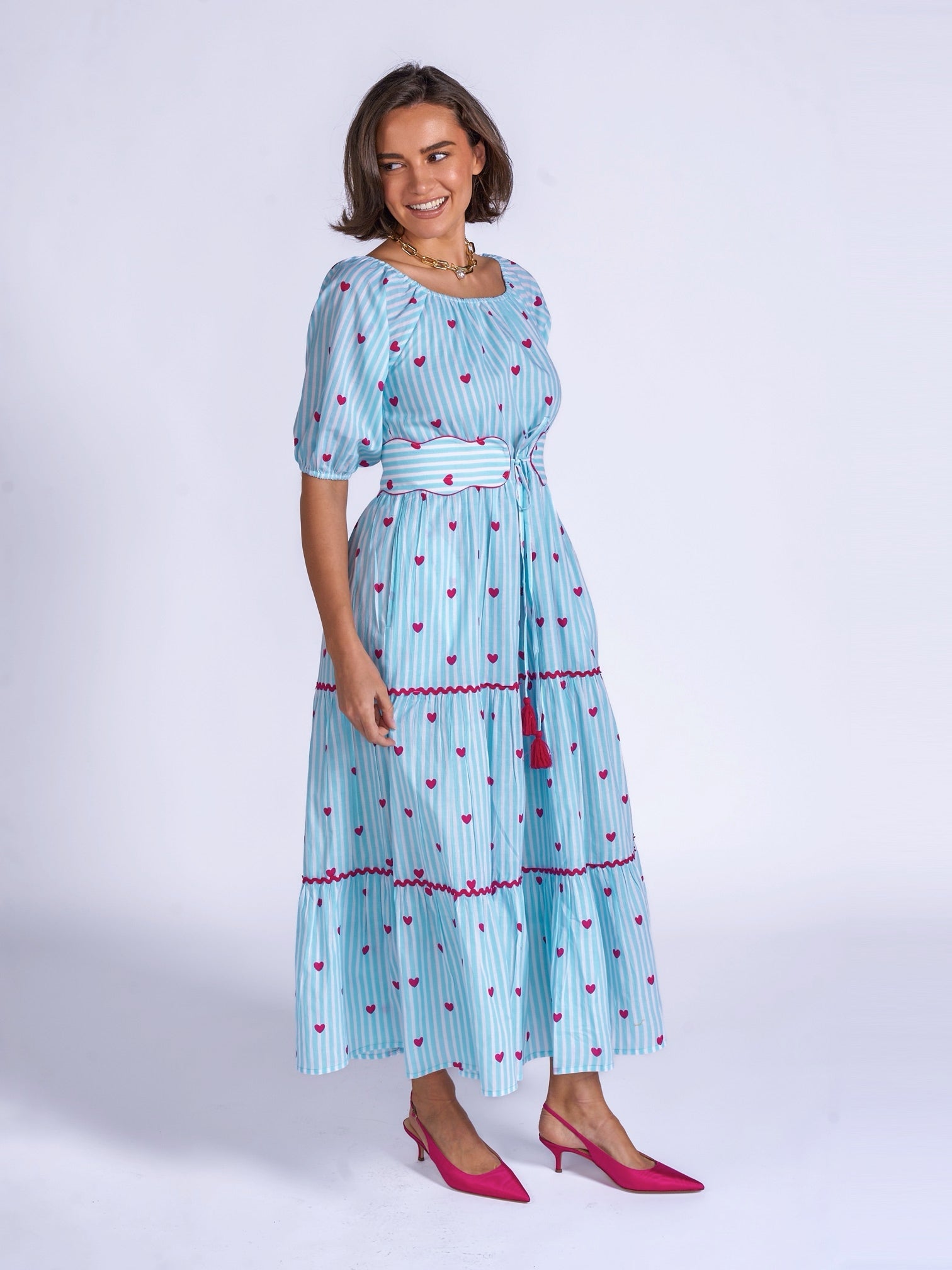 Michelle dress in blue stripe with pink hearts