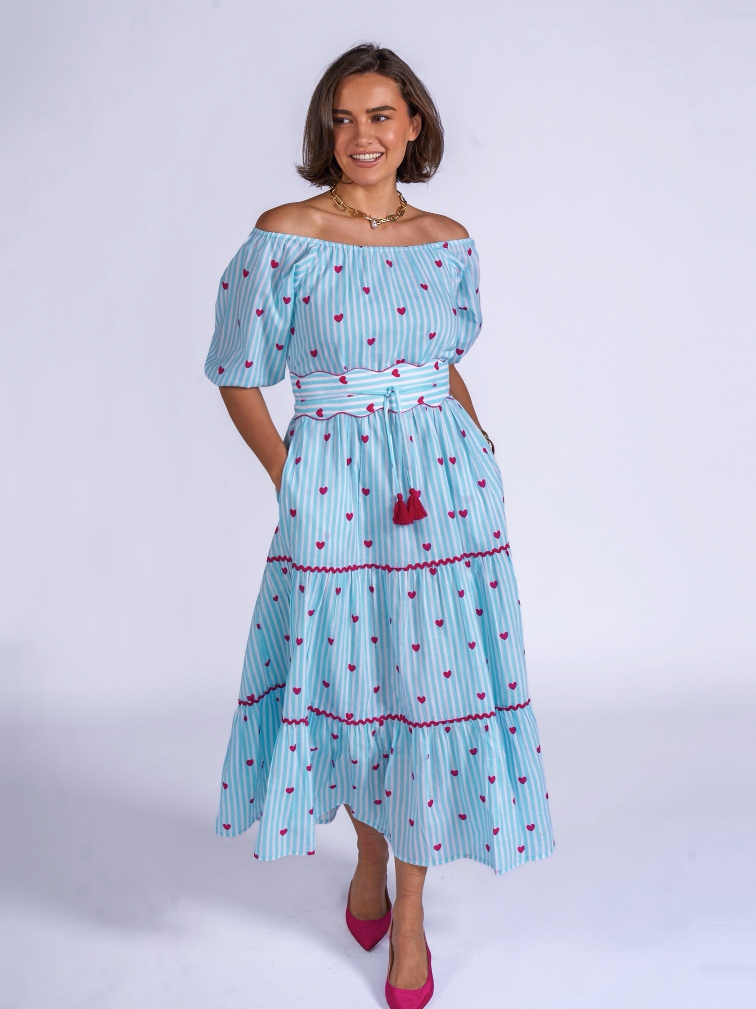 Michelle dress in blue stripe with pink hearts