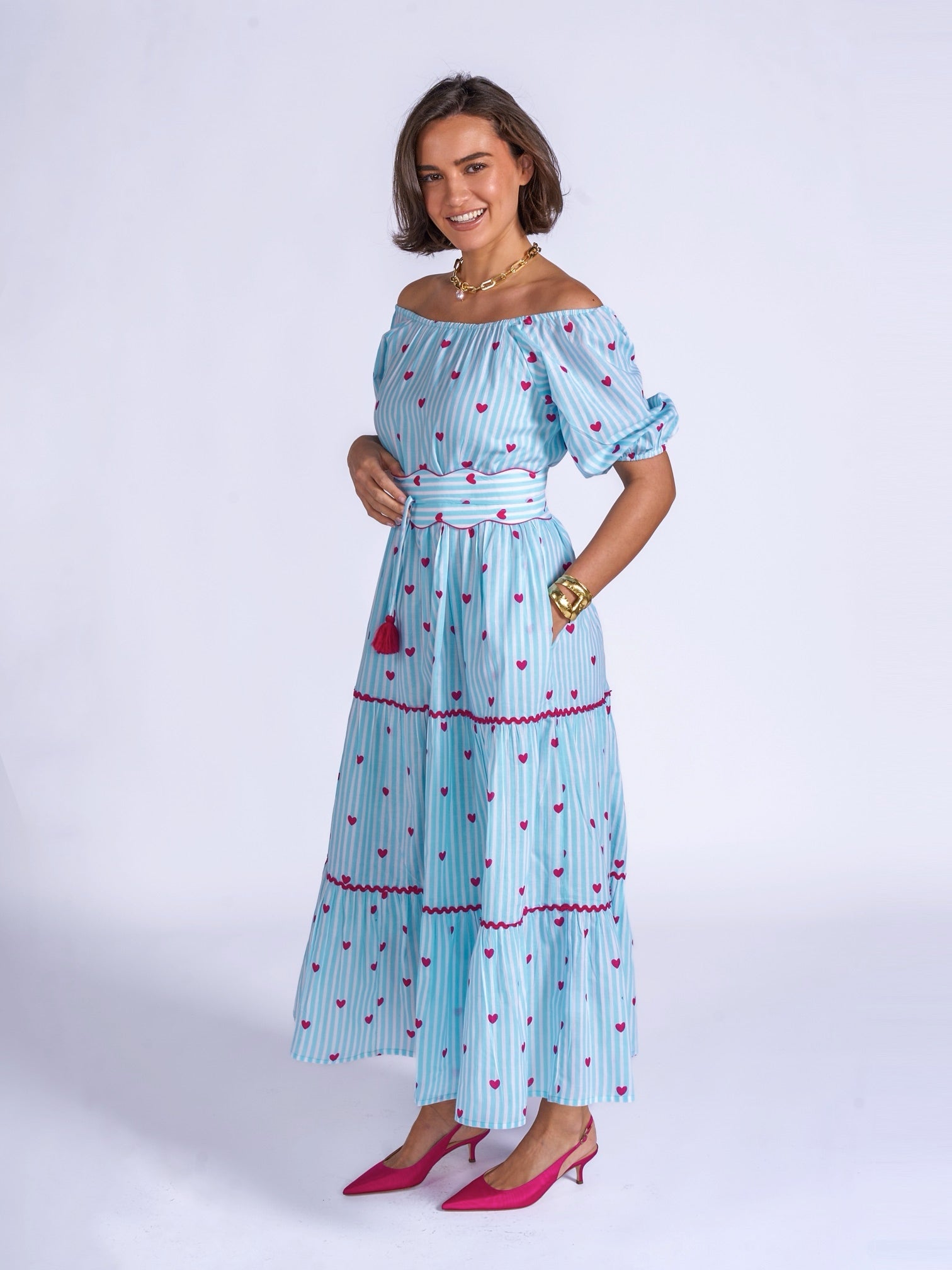 Michelle dress in blue stripe with pink hearts