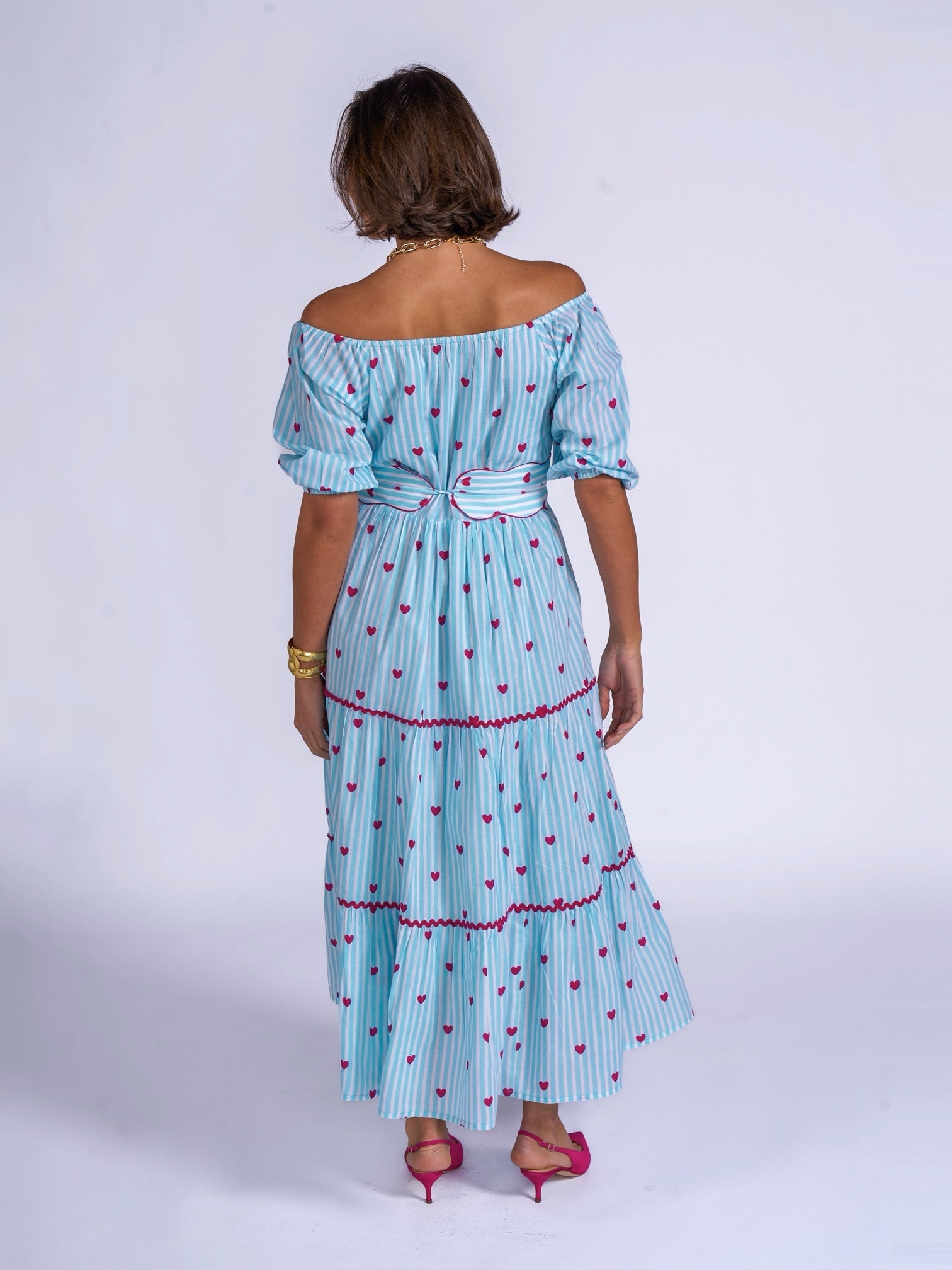 Michelle dress in blue stripe with pink hearts