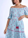 Michelle dress in blue stripe with pink hearts