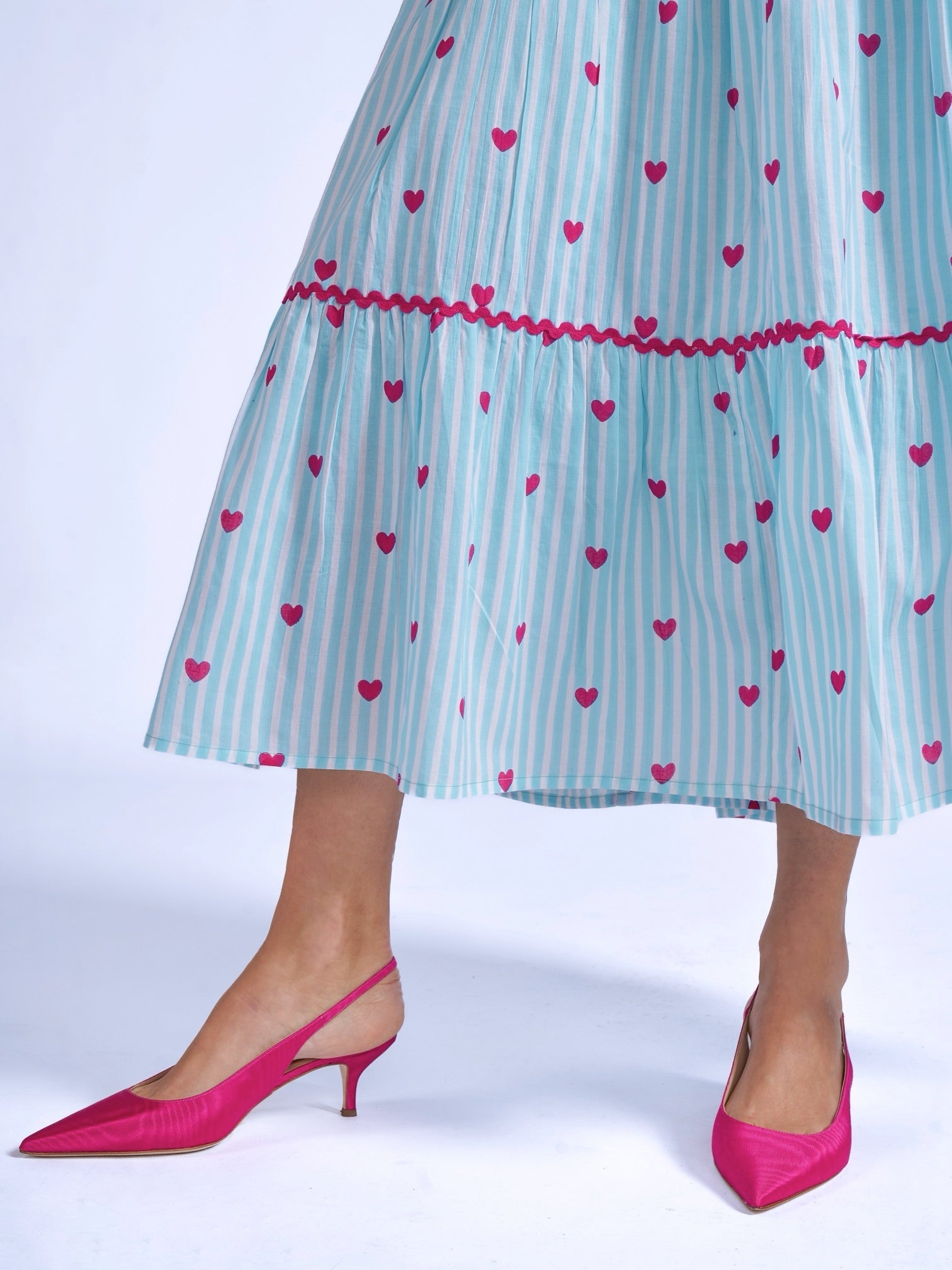 Michelle dress in blue stripe with pink hearts