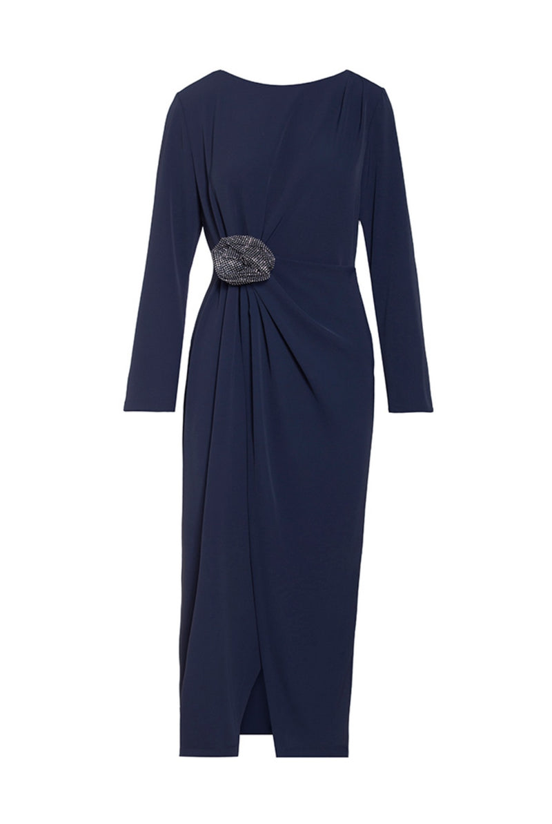 Faux Wrap Dress with Ruching and Rose Embellishment