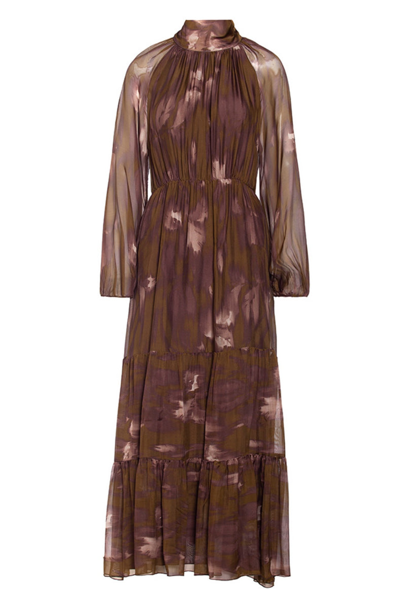 Fine Silk Dress with V Back Bow Tie and Sheer Sleeves