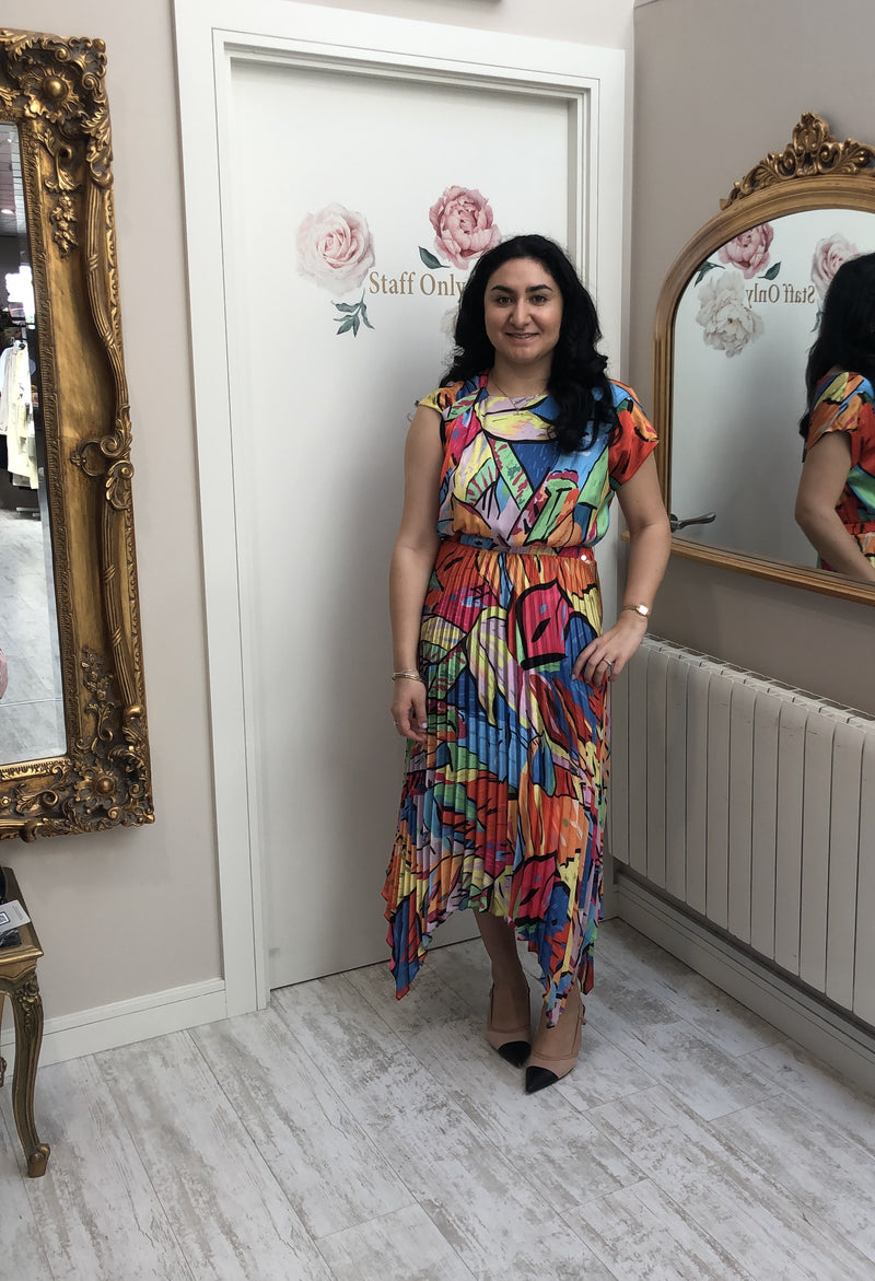 Multicoloured dress with pleated skirt