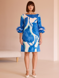 Blue and White Shift Dress with Feather Trim