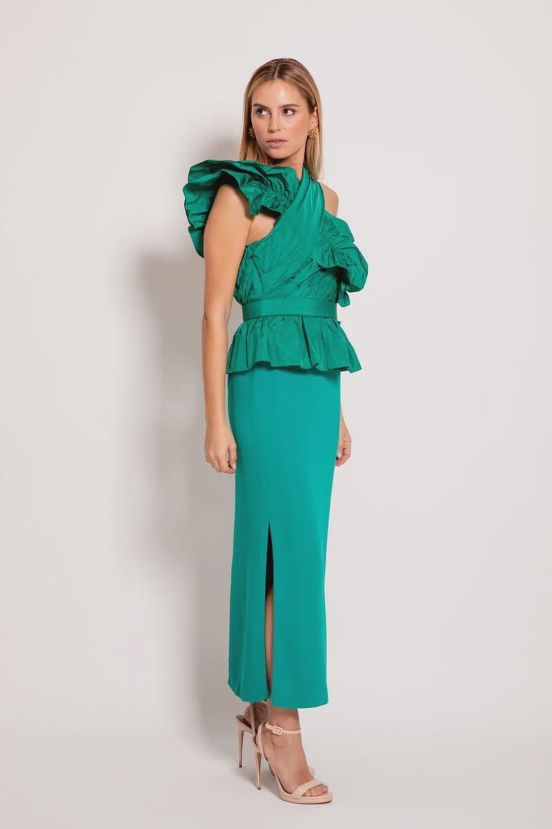 Green dress with ruffle taffeta top and crepe skirt