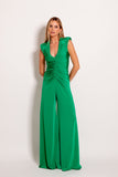 Green v neck jumpsuit with gather detail