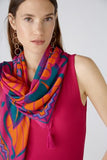 Cerise pink scarf with colourful peacock pattern