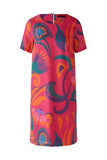 Cerise shift dress with peacock pattern in summer colours