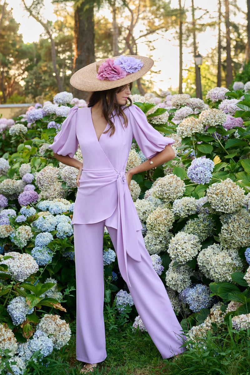 Lilac two piece :wrap top with wide leg trousers