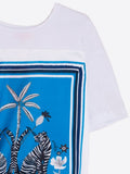 White satin front top with tie waist and tropical blue logo design