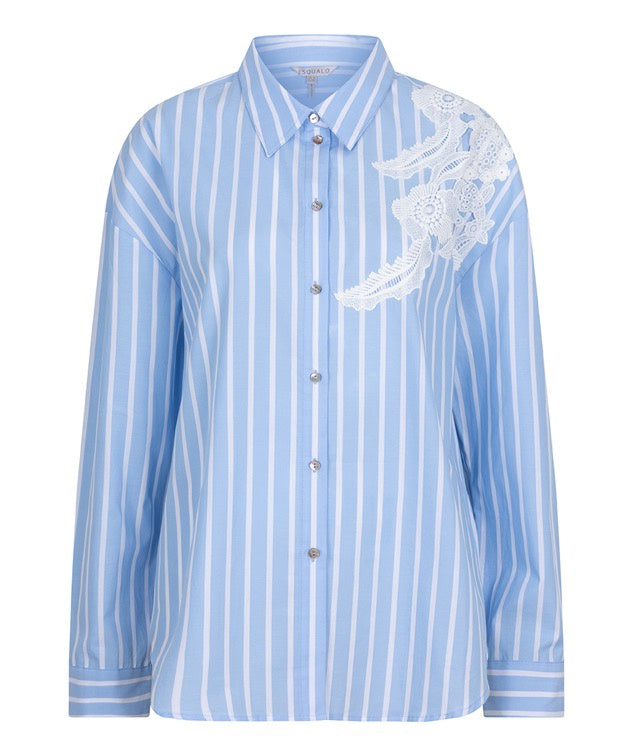 Blue and white striped shirt with lace detail