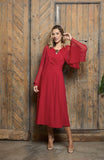 Red occasion dress with chiffon cape and overlay