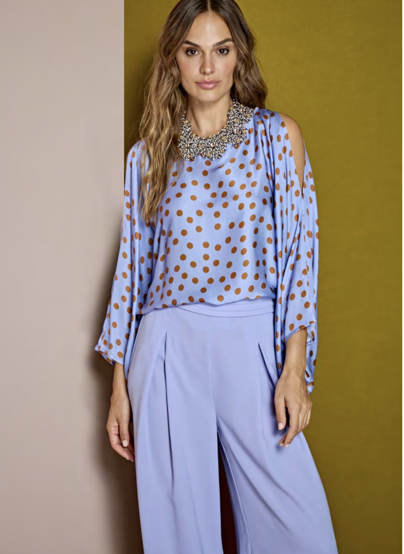 Blue and Cognac Polka Dot Top