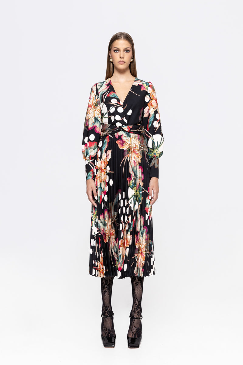 PRINTED PLEATED MIDI DRESS
