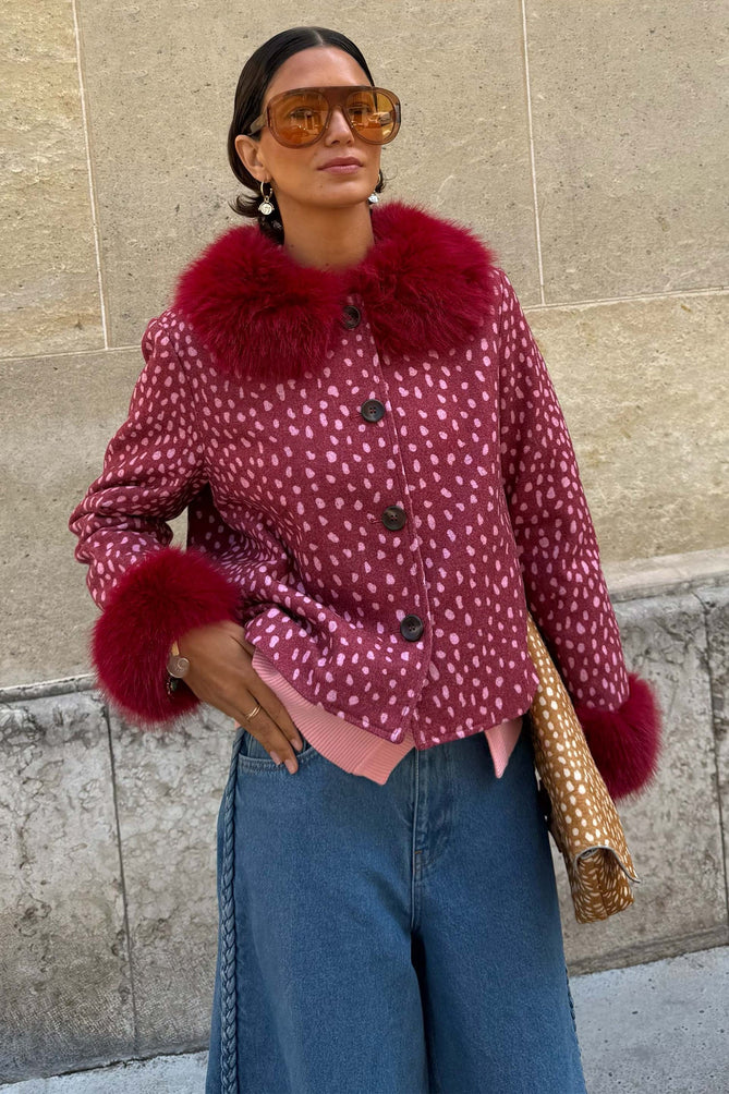 Burgundy Fawn Jacket with Fur Collar