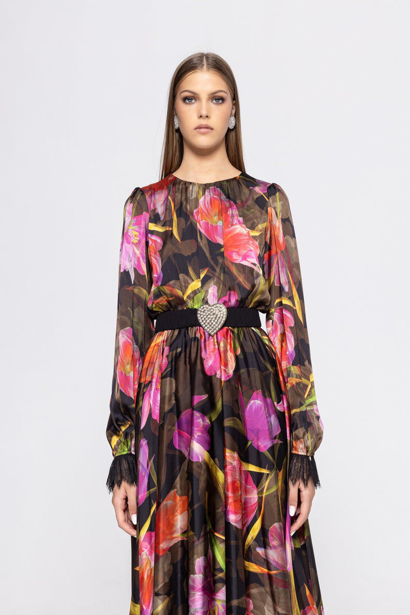 LACE-TRIM SATIN MIDI DRESS