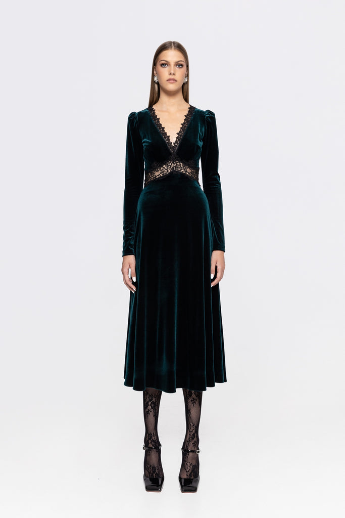 Green velvet lace insert midi dress AislingMaherBoutique Green velvet lace insert midi dress AislingMaherBoutique