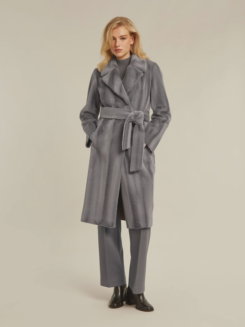 Long fun fur coat in deep grey, double breasted.