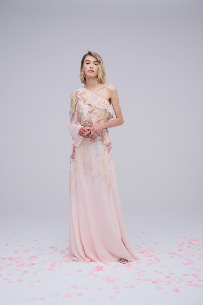 One sleeve dress with ruffles in nudes and green