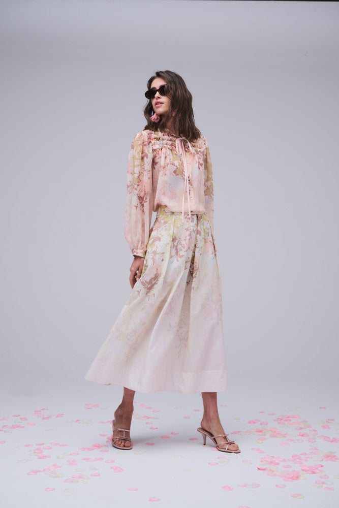Blouse with ruffle detail in nudes and green