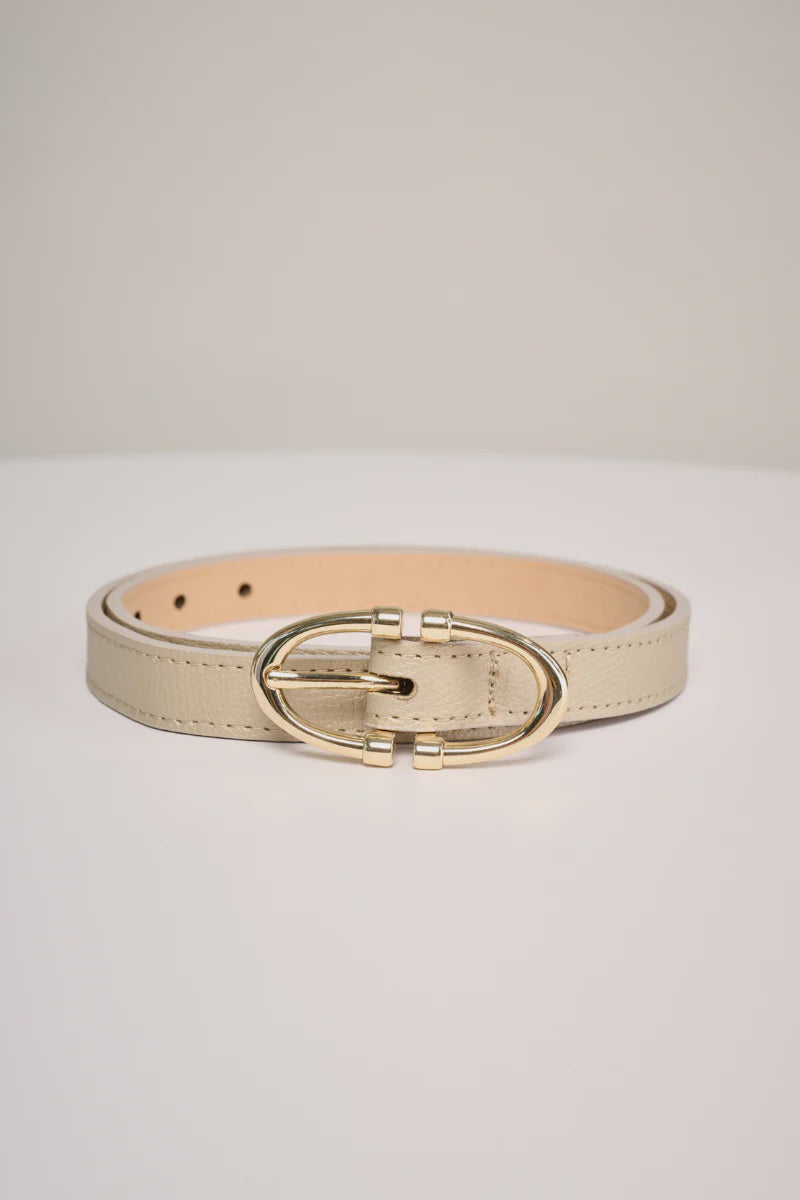 Narrow beige belt with gold buckle