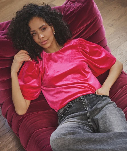 Velour bell sleeve top in bright fuschia