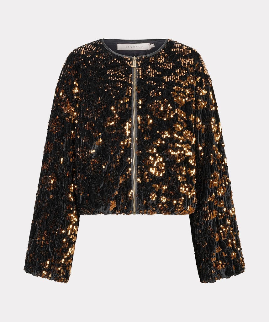 Black velour zipped bomber jacket with brown sequins all over