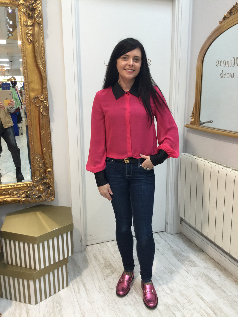 Chiffon Raspberry blouse with black satin collar and cuffs
