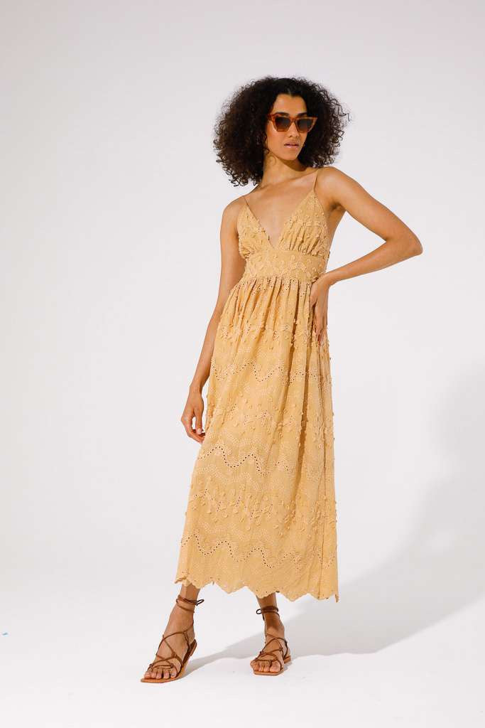 Strappy broderie maxi dress in camel