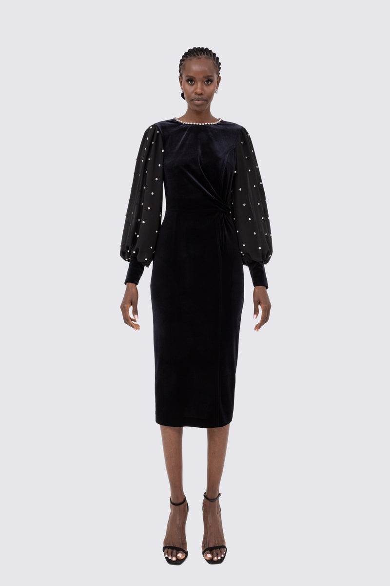 Black velvet and chiffon evening dress with diamante embellishment
