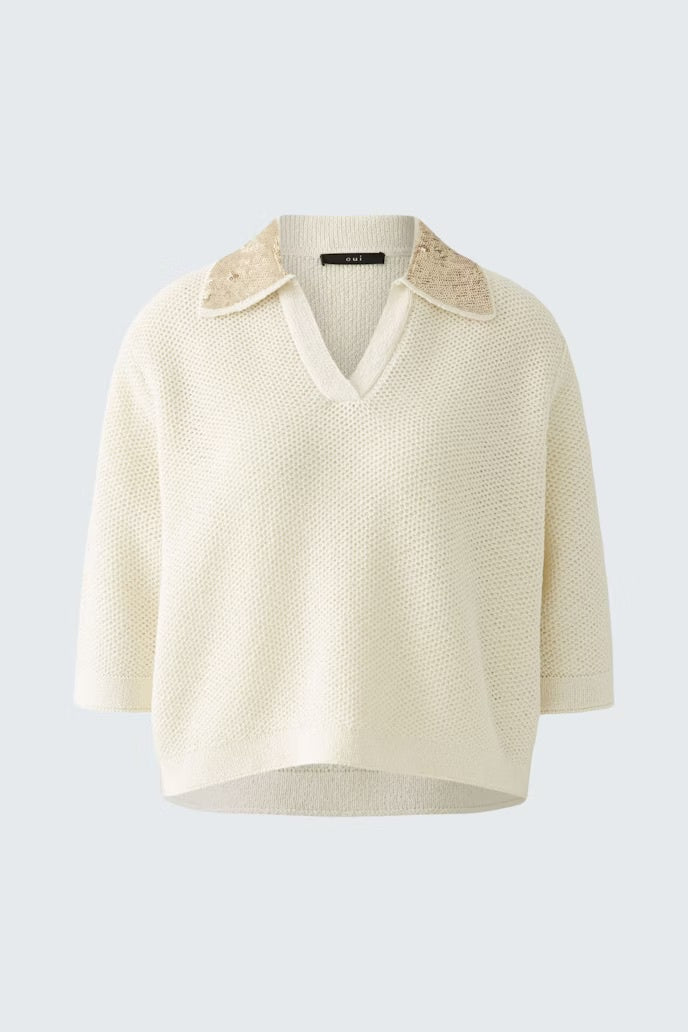 Short sleeve sweater with sequin collar