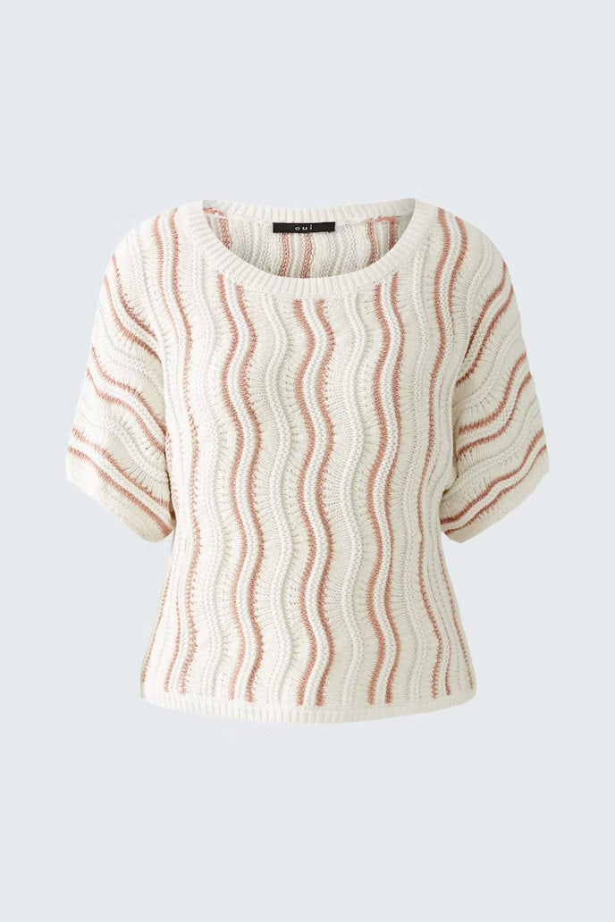 Width wise knitted short sleeve sweater in ivory and rose gold