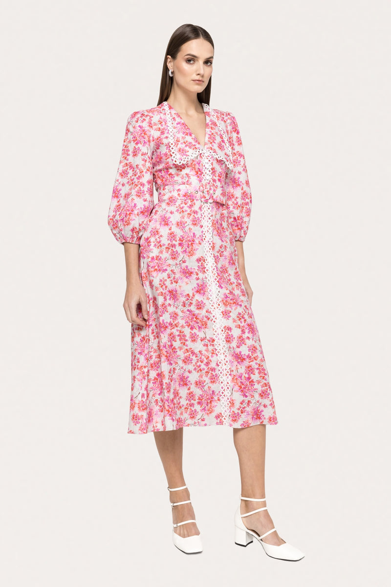 Lace- detail Linen Midi Dress