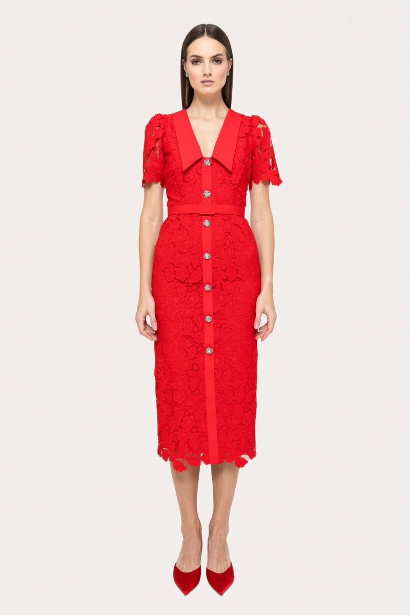 Red Lace Bodycon Midi Dress