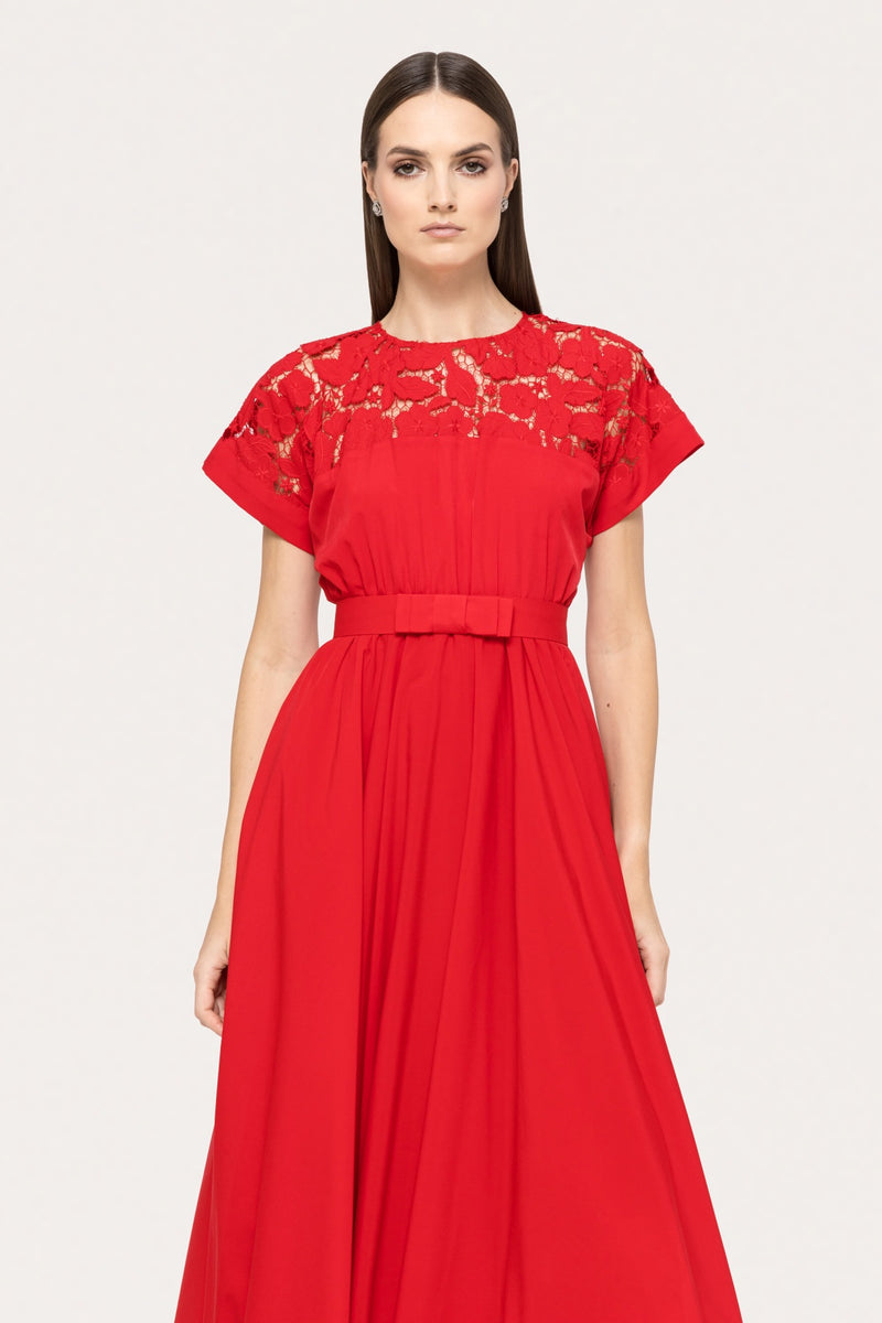 Red Lace- insert Midi Dress