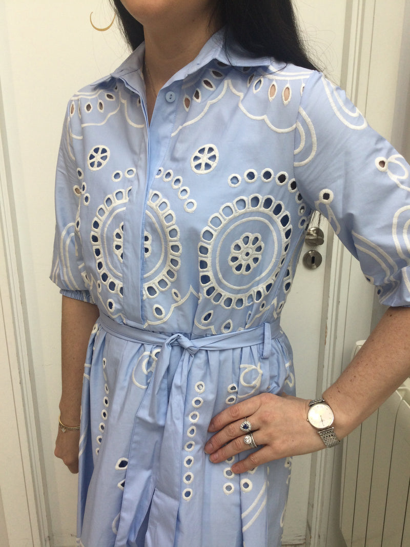 Blue Cotton Dress with Ivory Trimmed Broderie Anglais