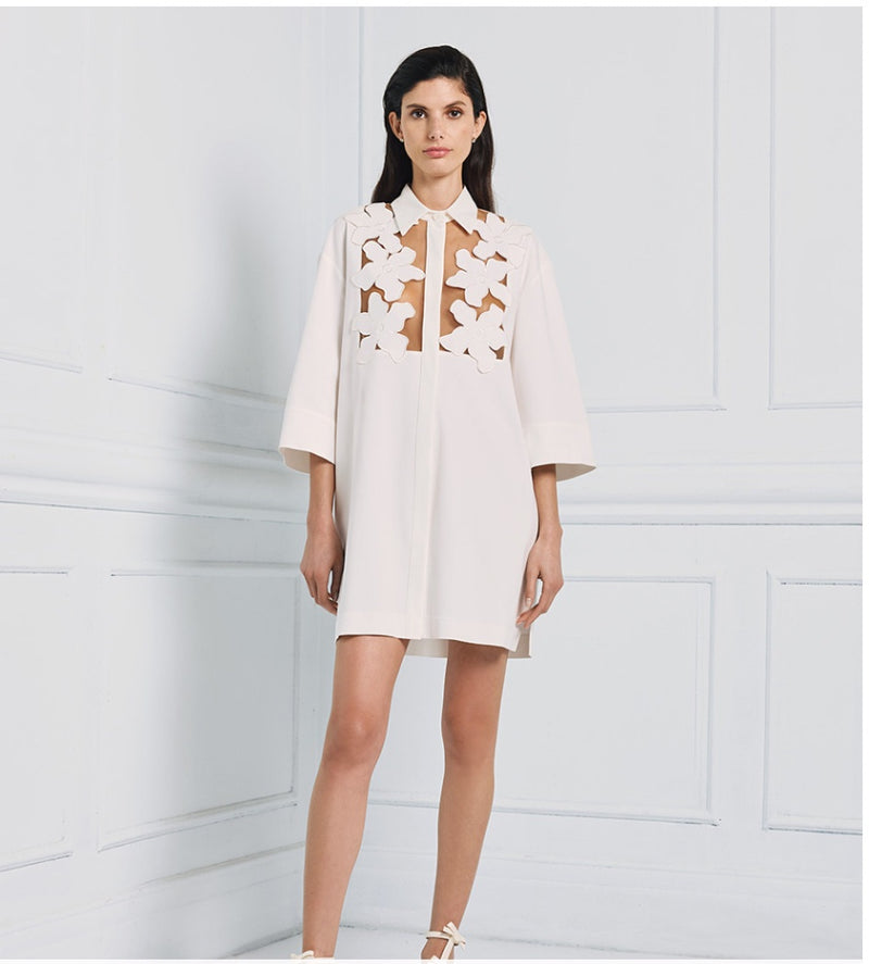 Short shirt dress in off white with appliqué floral detail