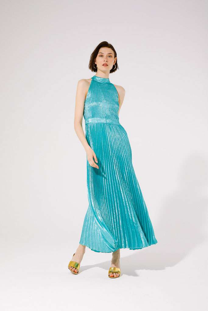 Laminated pleated dress in pool blue