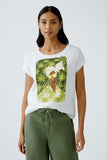 Off white T shirt with intricate motif in greens